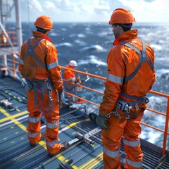 Two men in orange safety gear stand on a pier, looking out over the ocean. The scene is tense and serious, as the men are likely working on a dangerous job