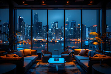 Modern Bar Area with City View in the Style of Night Photography