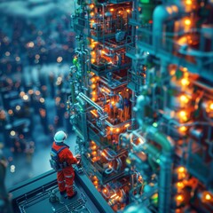 A man in an orange jumpsuit is standing on a rooftop looking out over a city. The sky is lit up with bright lights, giving the scene a futuristic and industrial feel