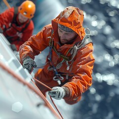 A man in an orange jacket is climbing a rope. He is wearing a harness and is wearing a helmet