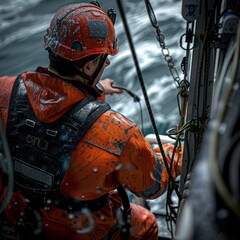 A man in an orange jumpsuit is standing on a boat. He is wearing a helmet and a harness