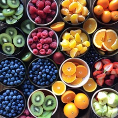 collection of fruits, fruit and berries, Close up of fruit tray on table generative AI,.