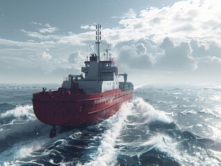 A large red ship is sailing through rough waters. The waves are crashing against the side of the ship, creating a sense of danger and excitement