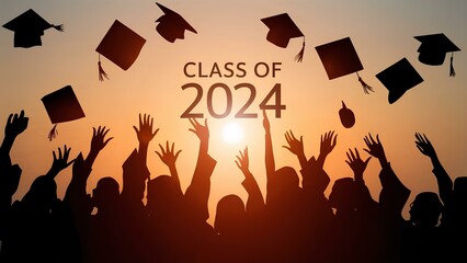 Class of 2024 Graduation Celebration Silhouette, Throwing Caps, Silhouette of people throwing Graduation Cap