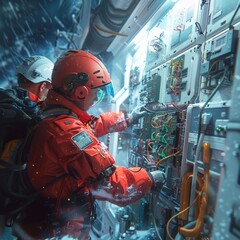 A man in an orange jumpsuit is working on a machine. The man is wearing a red helmet and a visor