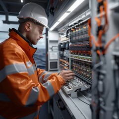 A man in an orange jacket is working on a control panel. He is wearing a hard hat and safety glasses. Concept of focus and concentration as the man works on the equipment