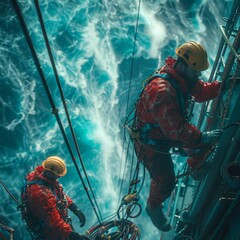 Two men in red and yellow safety gear are hanging from a cable. They are working on a platform in the ocean