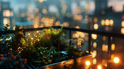 Obraz premium High-rise window box with flowers, city lights, illuminated plants, sunset, urban garden 