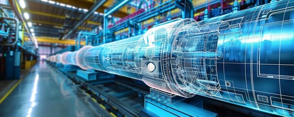 A pipe is shown in a factory with a blue and red color scheme. The pipe is shown in a 3D model, which gives the impression of a futuristic and advanced technology. Concept of innovation and progress