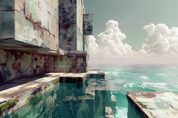 Fantastic landscape with sea and blue sky. Post-apocalyptic architectural background.