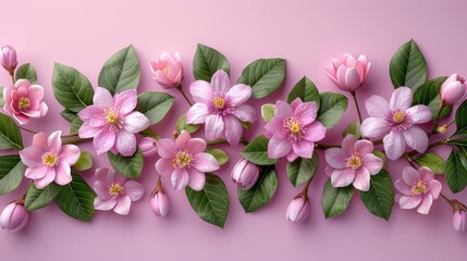   Pink flowers with green leaves on a pink backdrop Text space on the left