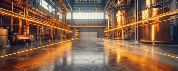 A large industrial building with a lot of pipes and tanks. The space is empty and the walls are yellow