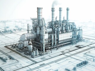 A large industrial plant with many pipes and towers. The plant is surrounded by a white background. Concept of industrialization and technological advancement