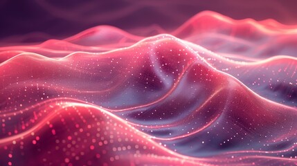   A black backdrop hosts a wave composed of interconnected pink and purple dots suspended within it - obrazy, fototapety, plakaty