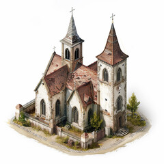 Fototapeta na wymiar Isometric view of Medieval church, white background --style raw --stylize 200 Job ID: 8ecc5d47-99df-49c5-8de9-936426f47875