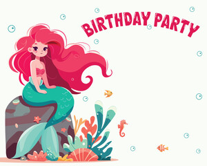 Colorful Happy birthday greeting card with cute and modest mermaid sitting on the stone with seaweed. Vector Illustration