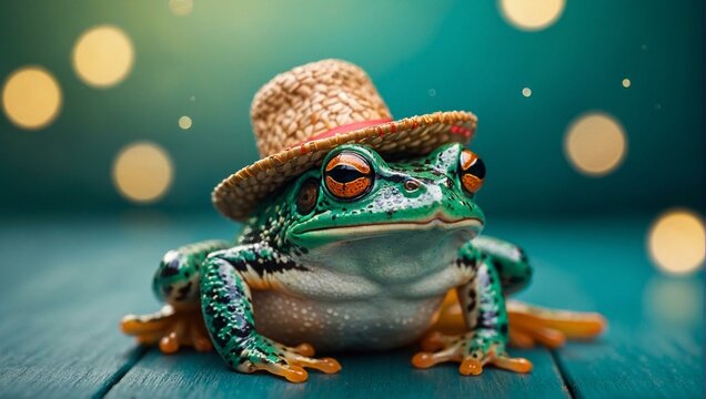 Charming frog seated in a sombrero hat against a dreamy turquoise bokeh background, conjuring a festive vibe