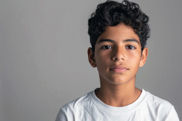 Obraz premium Portrait of a young handsome Latino teenager in a white t-shirt against a gray wall.