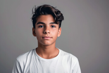 Portrait of a young handsome Latino teenager in a white t-shirt against a gray wall. - Powered by Adobe