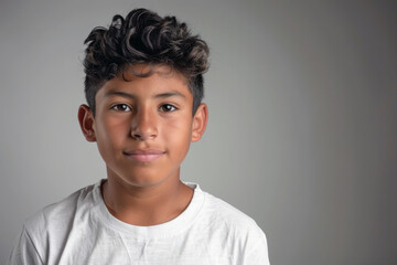 Portrait of a young handsome Latino teenager in a white t-shirt against a gray wall.