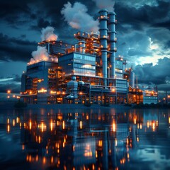 A large industrial plant with a lot of smoke and steam coming out of it. The sky is dark and cloudy, and the water is reflecting the lights from the plant. Scene is ominous and foreboding