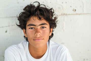 Portrait of a young handsome Latino teenage boy wearing a white t-shirt against a gray concrete wall.
