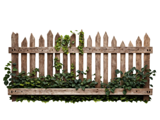 Rustic weathered wooden picket fence covered with ivy and foliage on a transparent background. Old overgrown wooden fence PNG.