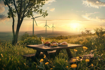 Picturesque picnic table adorned with gourmet delicacies, backdrop of towering wind turbines.   