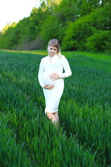 A pregnancy woman standing in a field, holding a bouquet of flowers in her hands. It is evident that she is embracing the moment and eagerly anticipating the arrival of her third child. The image - obrazy, fototapety, plakaty