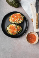 Avocado Cups Stuffed with Tasty Mexican Prawn and  red caviar