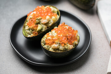 Avocado Cups Stuffed with Tasty Mexican Prawn and  red caviar