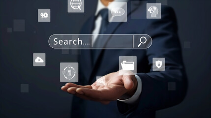 Business person conducts search engine research, extracting valuable data for strategic decisions....