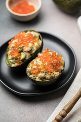Avocado Cups Stuffed with Tasty Mexican Prawn and  red caviar