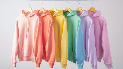 Plain multi-colored hoodies in soft pastel colors on a hanger on a white background