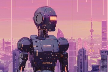 A robot strolls through an urban landscape
