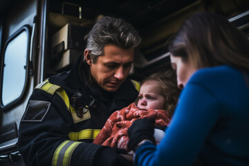 Comforting Firefighter with Young Child and Mother After Rescue
