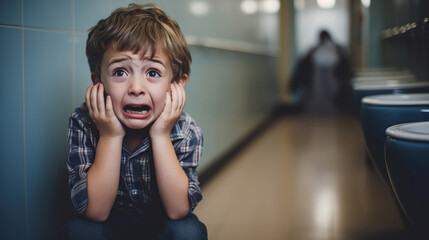 Tearful Little Boy Feeling Scared in a Hallway - Facial Expressions of Fear