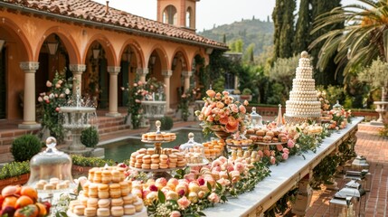   A table laden with various cakes and cupcakes, atop floral-adorned coverage - obrazy, fototapety, plakaty