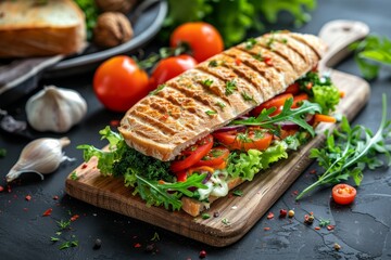 Close up of gooey melted cheese sandwich on wooden platter, tempting food photography