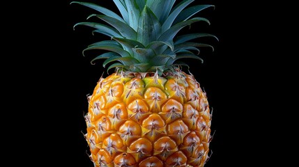   A tight shot of a pineapple, revealing just its upper half, against a black backdrop