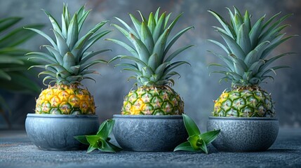   Three potted pineapples stacked atop one another, before a full planter of emergent foliage - obrazy, fototapety, plakaty