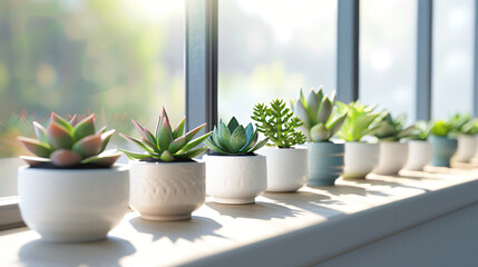 Fototapeta premium Sunny Succulents: Neatly Organized in Minimalist Pots