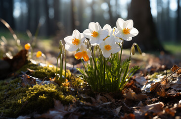 Snowdrop flowers in spring in the mountains