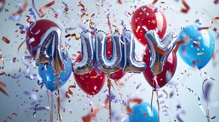 silver foil balloons shaped text "4JULY" with US flag themed blue and red balloons with stars and stripes in background, confetti