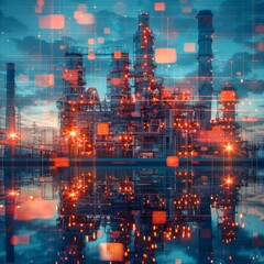 A large industrial plant with many lights and a lot of reflections in the water. The image has a futuristic and industrial feel to it