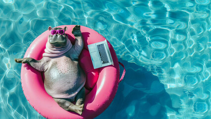 Funny hippo on an inflatable ring in a pool with a laptop. Summer vacation concept.