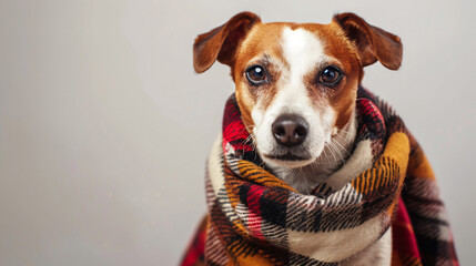 Cute dog with warm plaid on white background. Concept