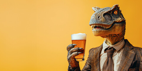 Naklejka premium Funny portrait of a dinosaur in a business suit with a glass of beer on a yellow background with space for text.