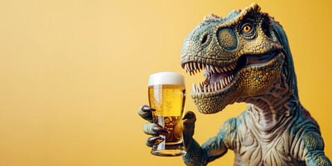 Fototapeta premium Funny portrait of brutal dinosaur with a glass of beer on yellow background with space for text. Close-up.