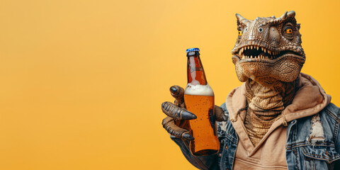 Funny portrait of a brutal dinosaur in a denim jacket with a bottle of beer on a yellow background...